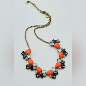 J. Crew Orange Coral Blue Statement Necklace Resin Rhinestone Aurora Borealis